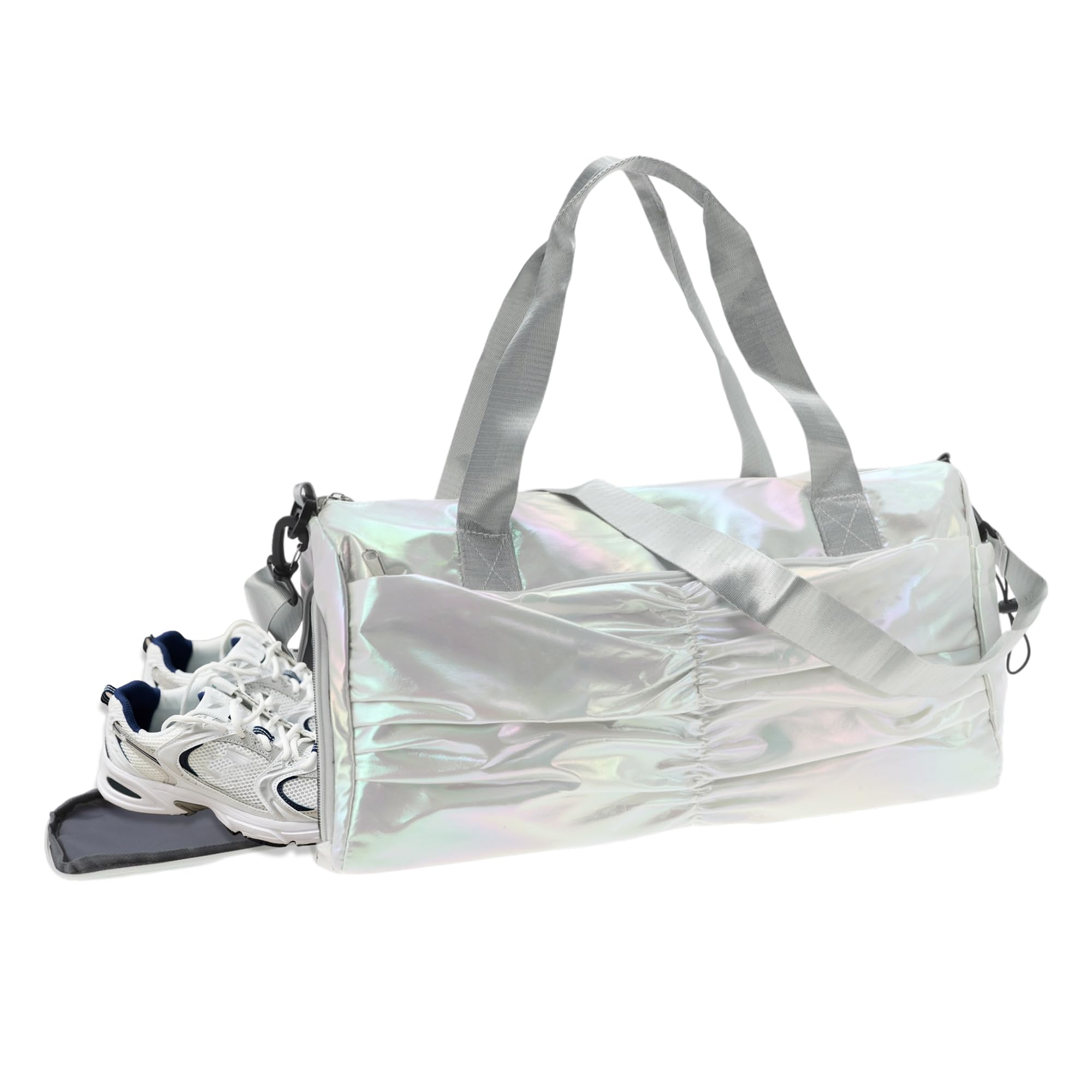 

GLIDESMOOTH Travel Duffel Bag, Water-Resistant Gym Bag with Moisture Pocket, Carry-On Weekender Bag with Shoe Compartment, Silver