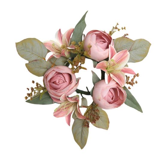 Mini Artificial Wreath Candle Ring Realistic Faux Lily Rose Garland with Plastic Base Candle Wine Decoration Weddings Party Dining Table Centerpiece