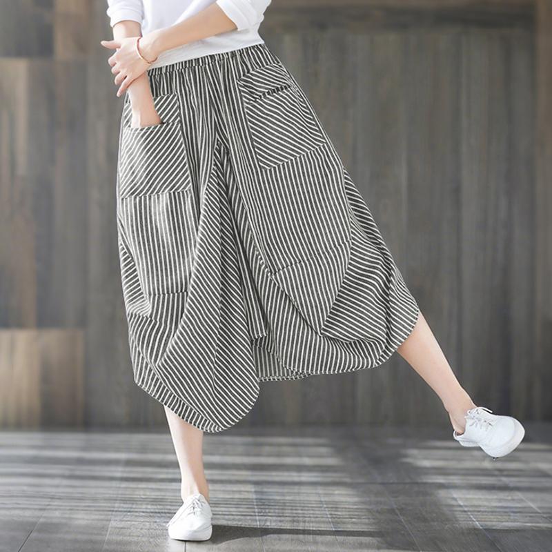 ZANZEA Dame Casual Elastisk Midje Løse Capri Bukser med Stripetrykk