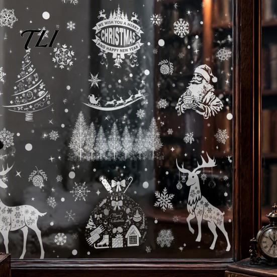 Non Adhesive Christmas Window Decor 6Pcs Clings, Retro White Line Static Glass Sticker for Holiday Removable Decorations Decoration, Reusable PVC Elk