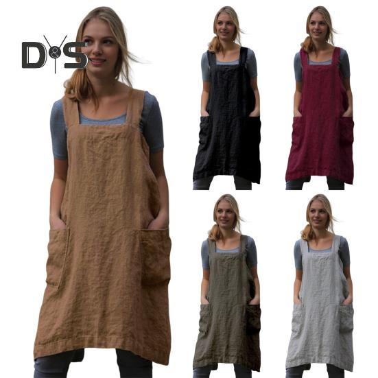 Women Bib Apron X Shape Back Bandage Design Wide Strap Large Pocket Apron Dress Kitchen Cooking Cleaning Tools