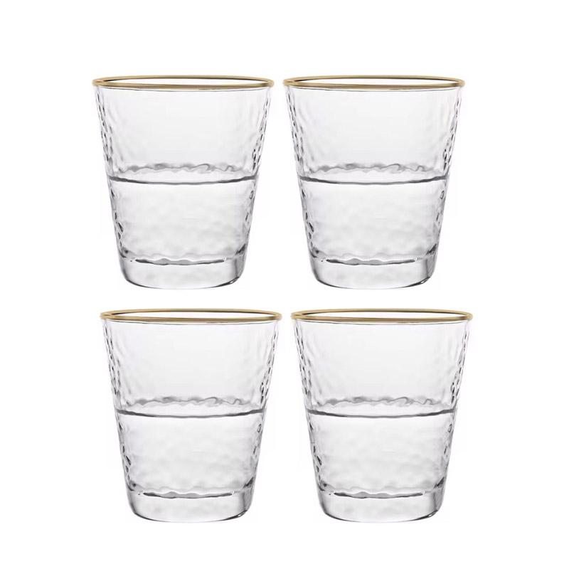 330ml 4ks sada pivní sklenice se zlatým okrajem, domácí japonský styl, kladívkový vzor, průhledný žáruvzdorný čajový šálek