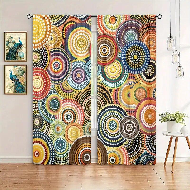 Circular Art Pattern Printed Curtains Window Decorations Home Room Curtain Set Of 2 Made Polyester Washable
