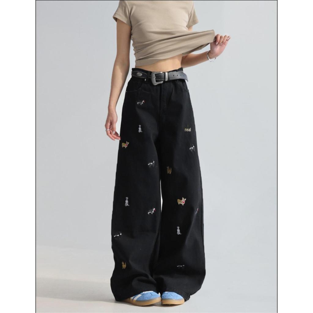 Plus Size Women's Retro Wide-Leg Jeans with Fun Puppy Embroidery