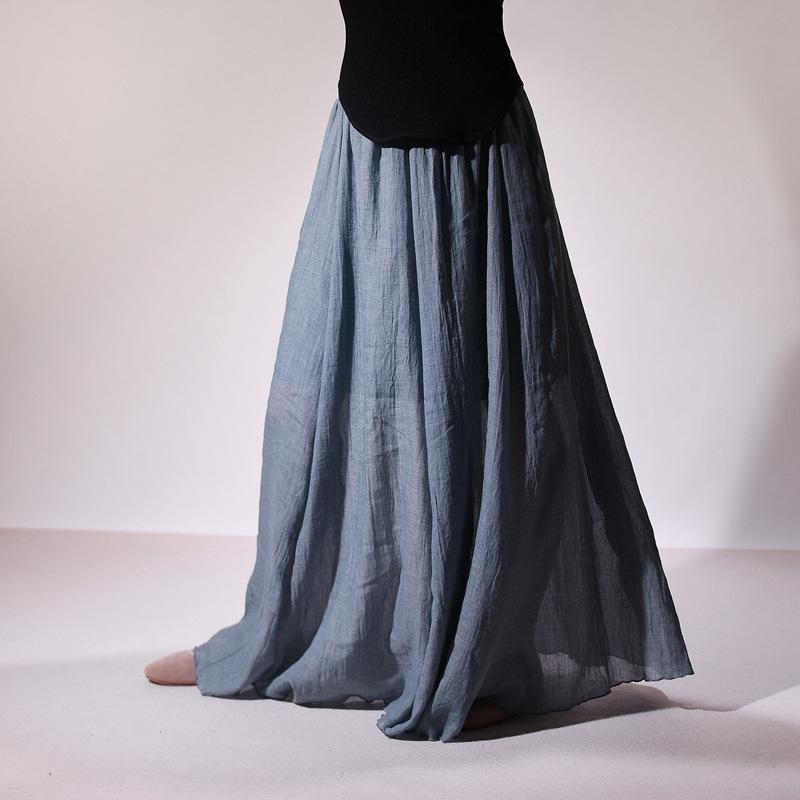 Women's Double Layer Cotton Linen Maxi Skirts Boho Solid Elastic High Waist Pleated A-Line Flowy Swing Long Maxi Skirts Soft Maxi Skirts for Women