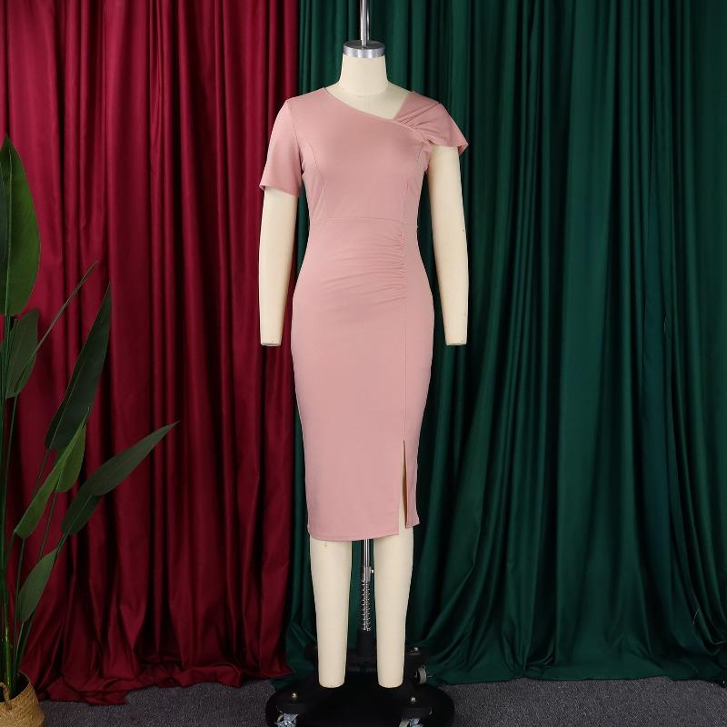 Women Fashion Elegant Solid High Waist Hip Wrap Short Sleeve Midi Dress