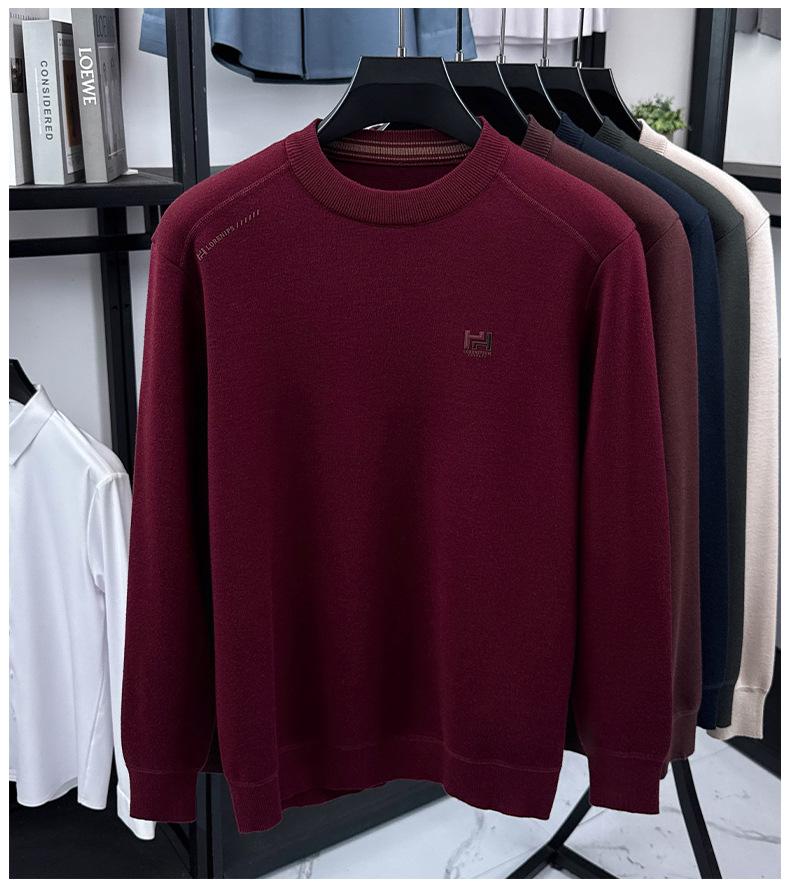 Men's 2025 Pullover Hoodie: Thickened Velvet, Solid Color, Round Neck Knitwear for Middle-Aged and Elderly Men