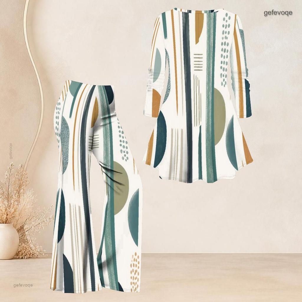 Women Plus Size Printed V Neck Three Quarter Sleeve Flared Top And Flared Pants Two Piece Set