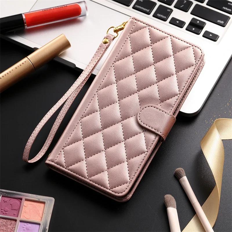 Checkered Leather Wallet Case For Samsung Galaxy S25 S24 S23 Ultra S22 S21 S20 FE S10 Note 20 10 PlusLanyard Flip Phone Cover