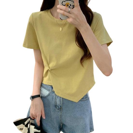Women T-shirt Irregular Hem Solid Color Knot Decor Round Neck Short