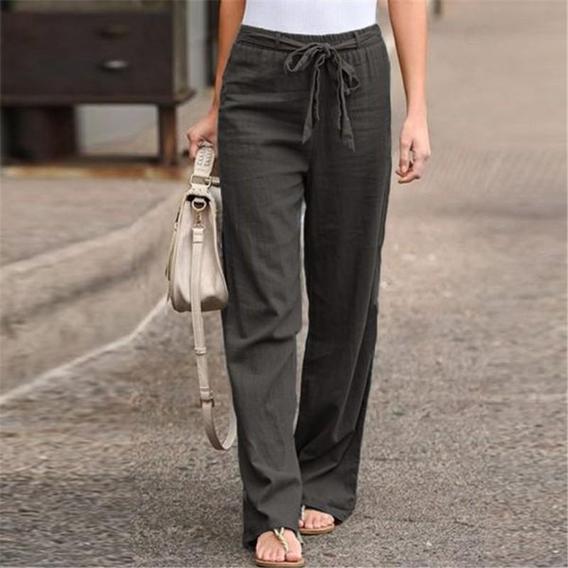 Fashion Women Solid Cotton Linen Sashes Straight Casual Long Pants Trousers
