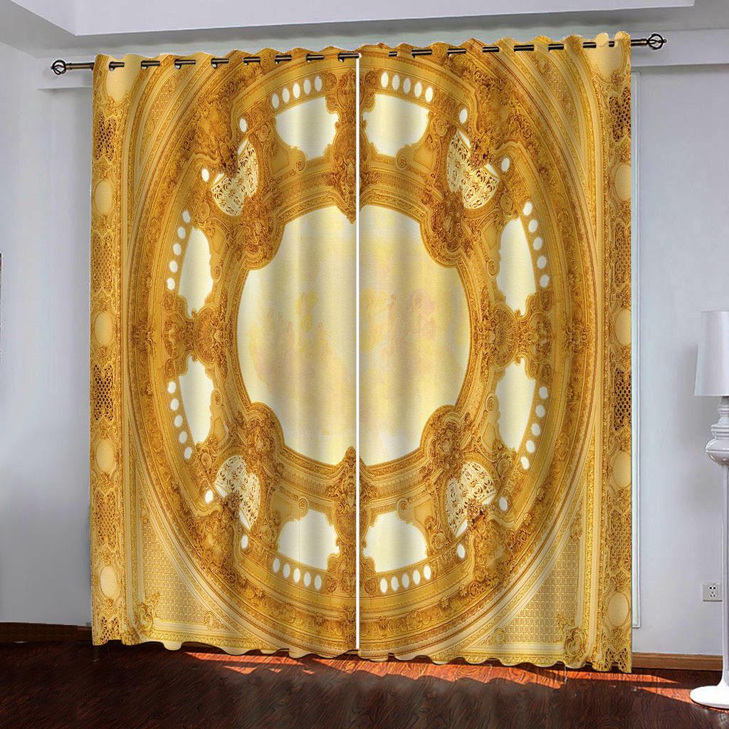 European Luxurious Up-to-date Gold Lightweight Darkening Window Panel Blind Curtains for Kids Bedroom Living Room Kitchen Door Home Decor 2Pieces