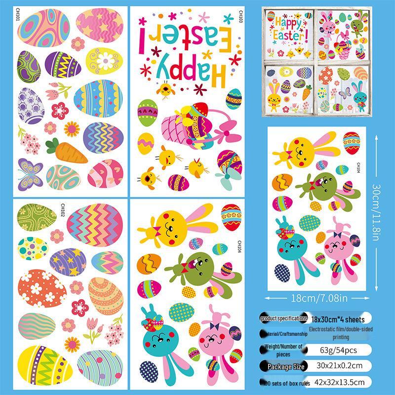Cartoon Rabbit & Colored Eggs Static Cling Window Decor Stickers for Easter