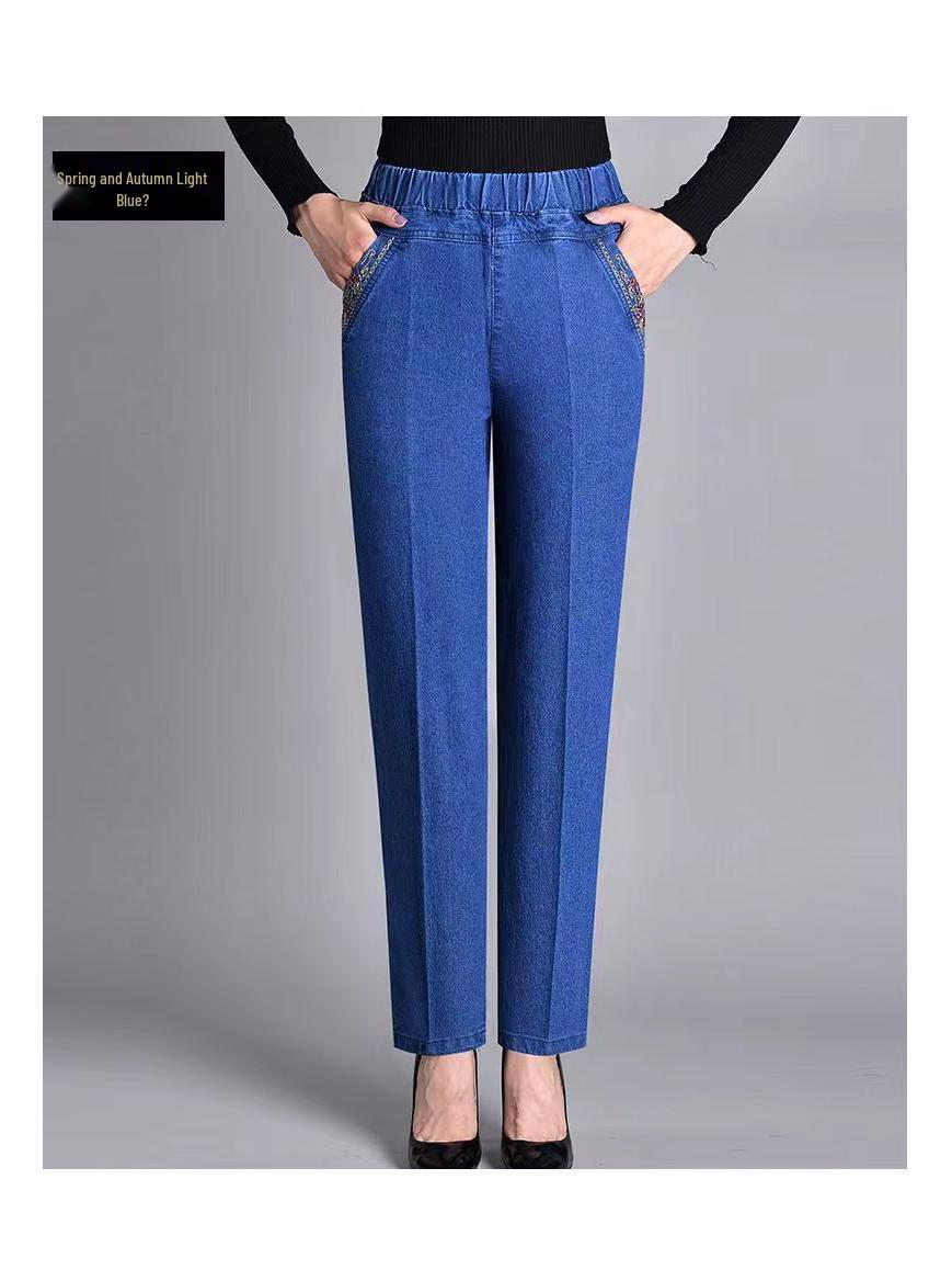 

Жіночі транскордонні еластичні слім-фіт джинси для мам: З високою посадкою, еластичні, прямого крою, вільного прилягання, повсякденні штани середнього віку Spring Autumn Light Blue