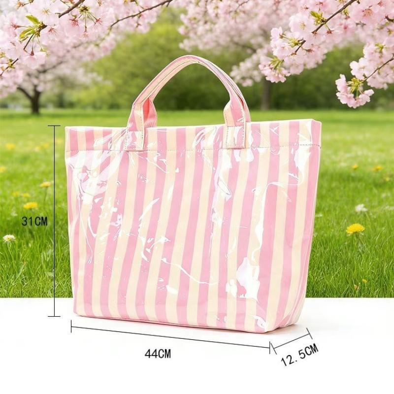 1pc Pink Vertical Stripe Tote Bag, Large Capacity Lightweight Design, with Soft-Touch Handle and Minimalist Silhouette,Women Bag
