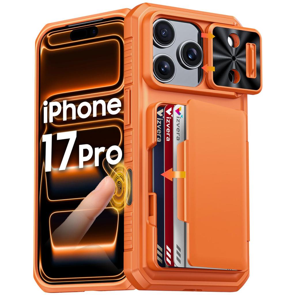 Mit Kartenhalter, Schiebefach für die Kamera und Ständer für iPhone 17 Pro Handyhülle, Anti-Fall PC+TPU Wallet Case - Orange