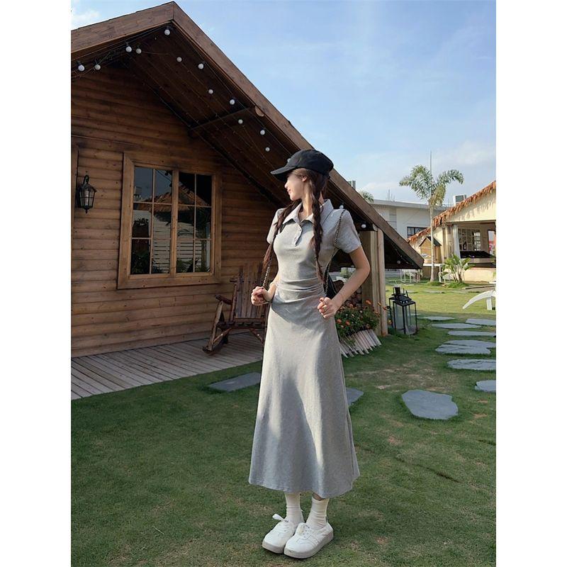 Kumikumi Design Sense Pleat Polo Collar Short sleeve One piece Dress Women clothing Summer Retro Waist Hugging A- line Skirt Long dress