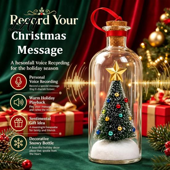 Glass Snow Decoration Recordable Christmas Message in A Bottle Voice Recording Holiday Keepsake with Exchange Gift Ideas Playback Cork Snowy