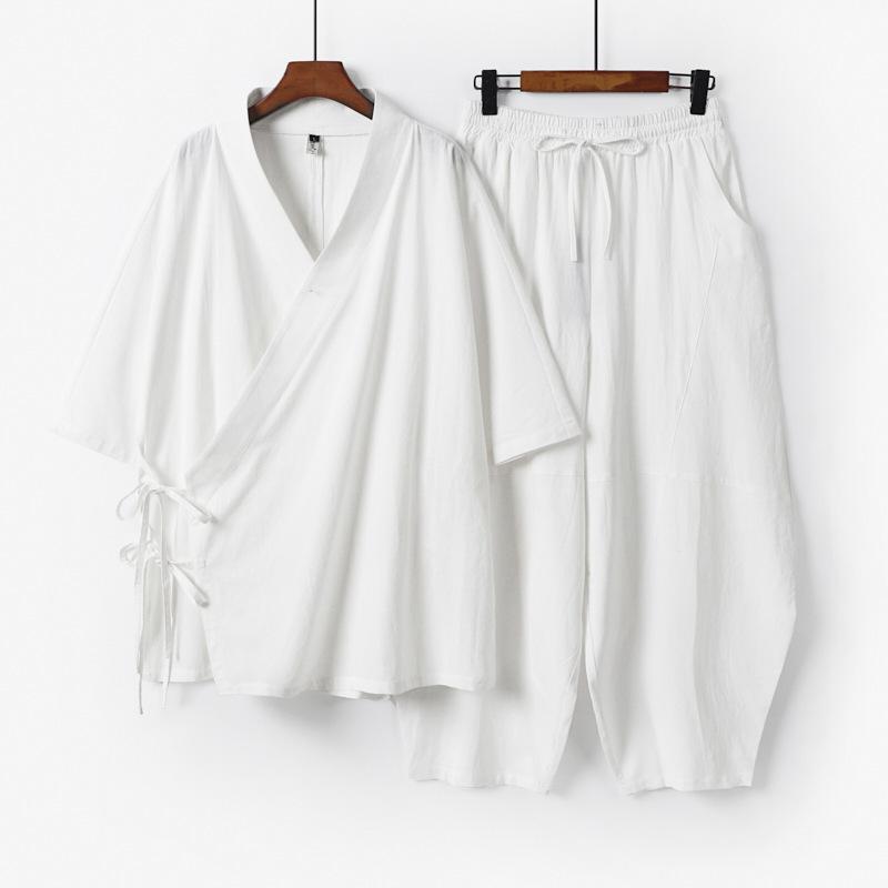 Plus Size S-9XL Men Japanese Kimono Cardigan Pants Set Cotton Linen Samurai Costume Harajuku Loose Jacket Suit