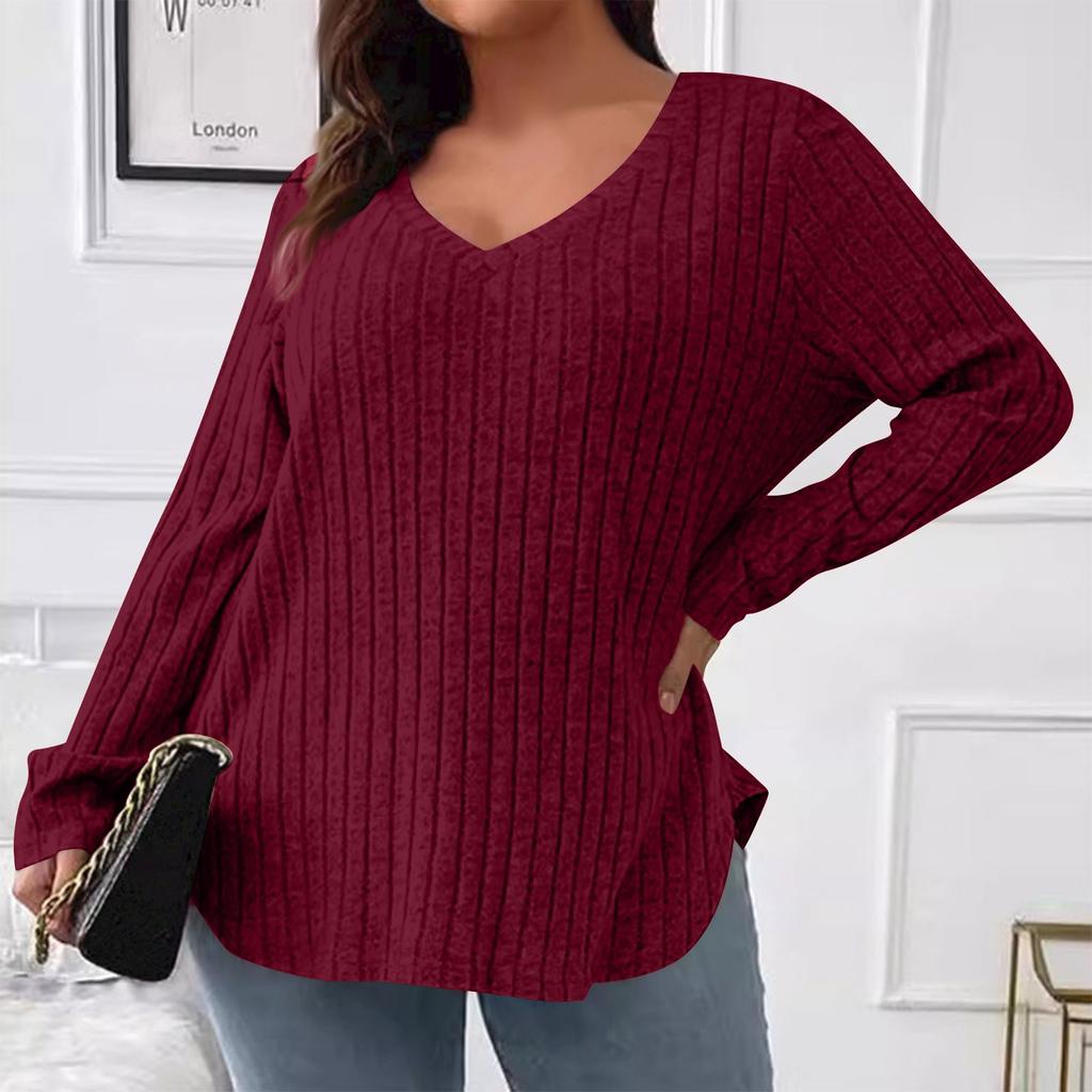Women's  And Winter Solid Colour Plus Size Women's Tops V-Neck Long Sleeve Striped Milled Loose Pullover T-Shirt