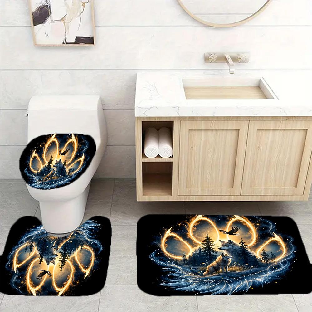 1/4Pcs Bathroom Shower Curtain Set Magic Forest Wolf Bathroom Curtain With 12 Hooks Non Slip Rugs Toilet Cover Mat Bathroom Partition