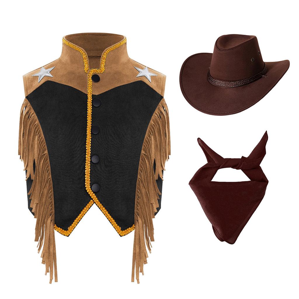 Costume da Cowgirl Western per Bambini Set Gilet Frangiato Bordatura in Nastro Dorato Bottoni a Pressione Cappello a Tesa Larga Bandana Outfit