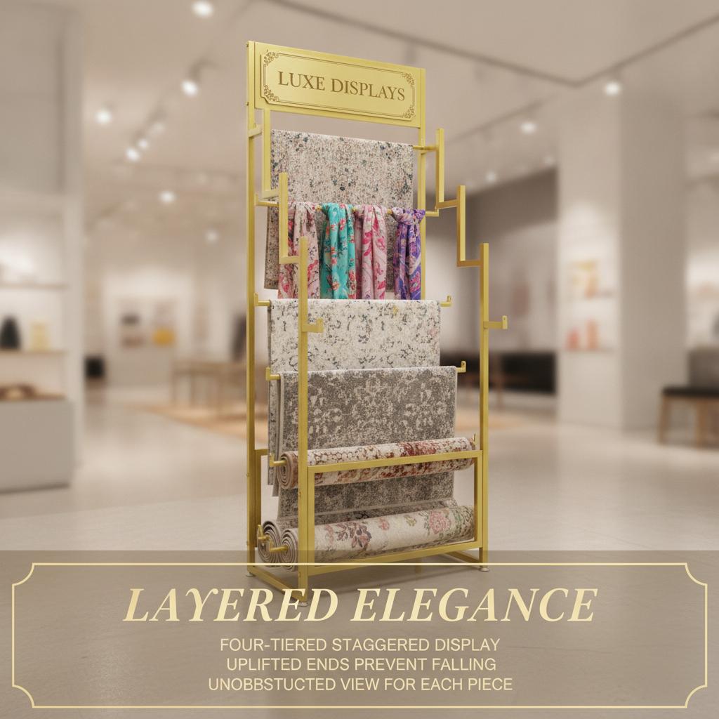 Carpet Display Rack Floor Standing, 4-Tier Golden Metal Rug Display Stand with Stepped Design, 100 lbs Capacity for Mats Scarves Belts Retail Store