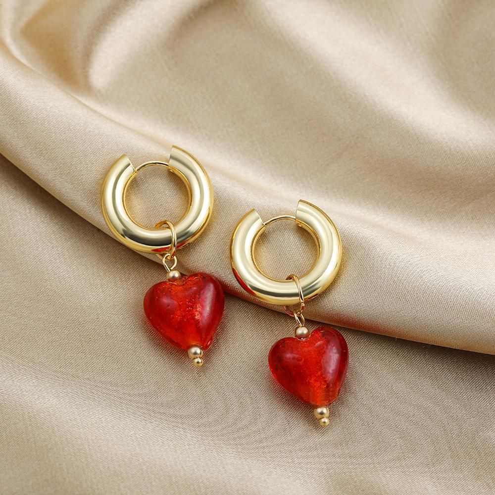 Colorful Glass Heart-shaped Pedant Drop Earrings For Women Stainless Steel Round Circle Hoop Hanging Earring Minimalist Jewelry