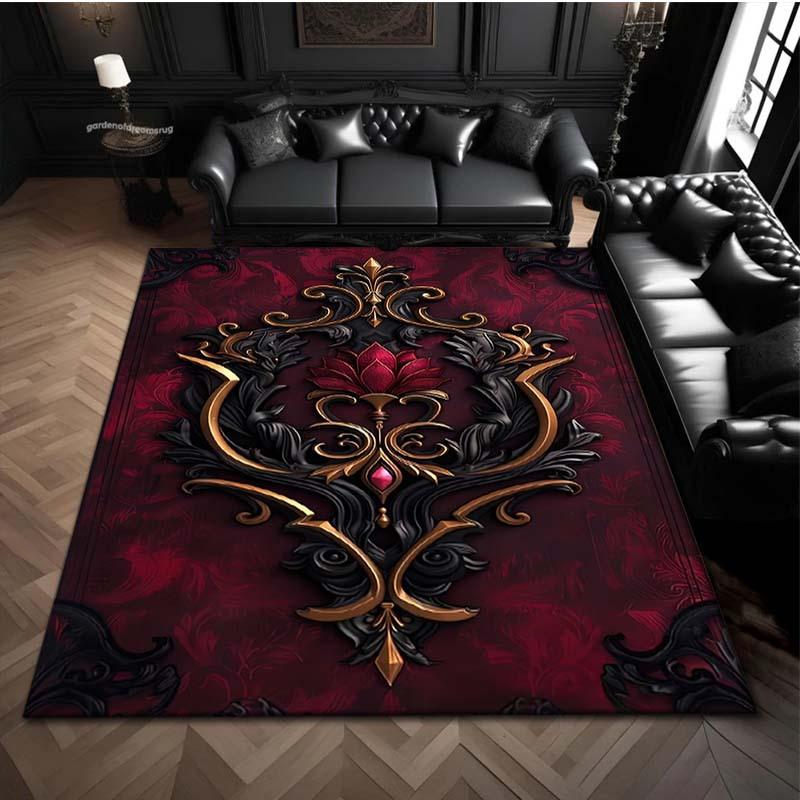 Red Black Gold Baroque Damask Print Carpet Plush Flannel Rug Living Room Bedroom Home Decor Area Rug Non Slip Floor Mat