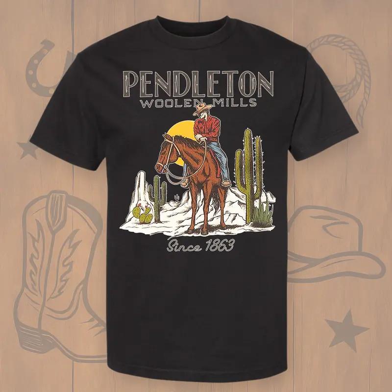 Pendleton Woolen Mills T-Shirt – Desert Cowboy With Cactus Graphic, Southwestern Unisex T-Shirt L