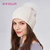 SOMALER Women Winter Fur Pom Pom Hat Wool Knit Beanie Hat With Rhinestone Warm Double Layer Luxury Fur Bobble Outdoor Cap