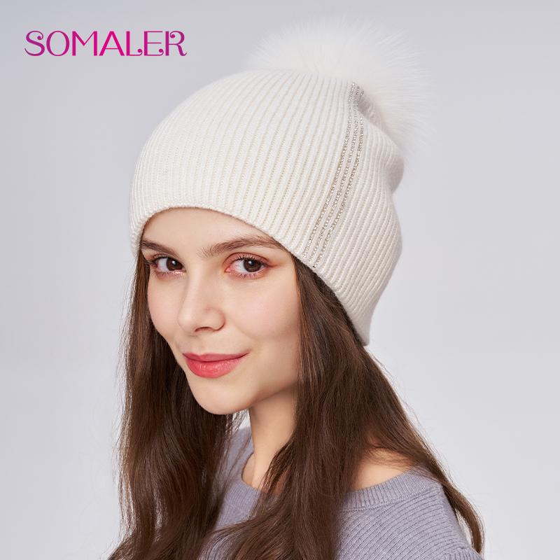 SOMALER Women Winter Fur Pom Pom Hat Wool Knit Beanie Hat With Rhinestone Warm Double Layer Luxury Fur Bobble Outdoor Cap