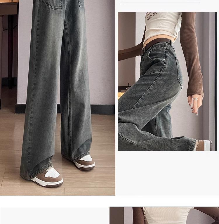 Women's Blue-Gray High-Waisted Wide-Leg Jeans - 2025 Spring Retro Casual Style