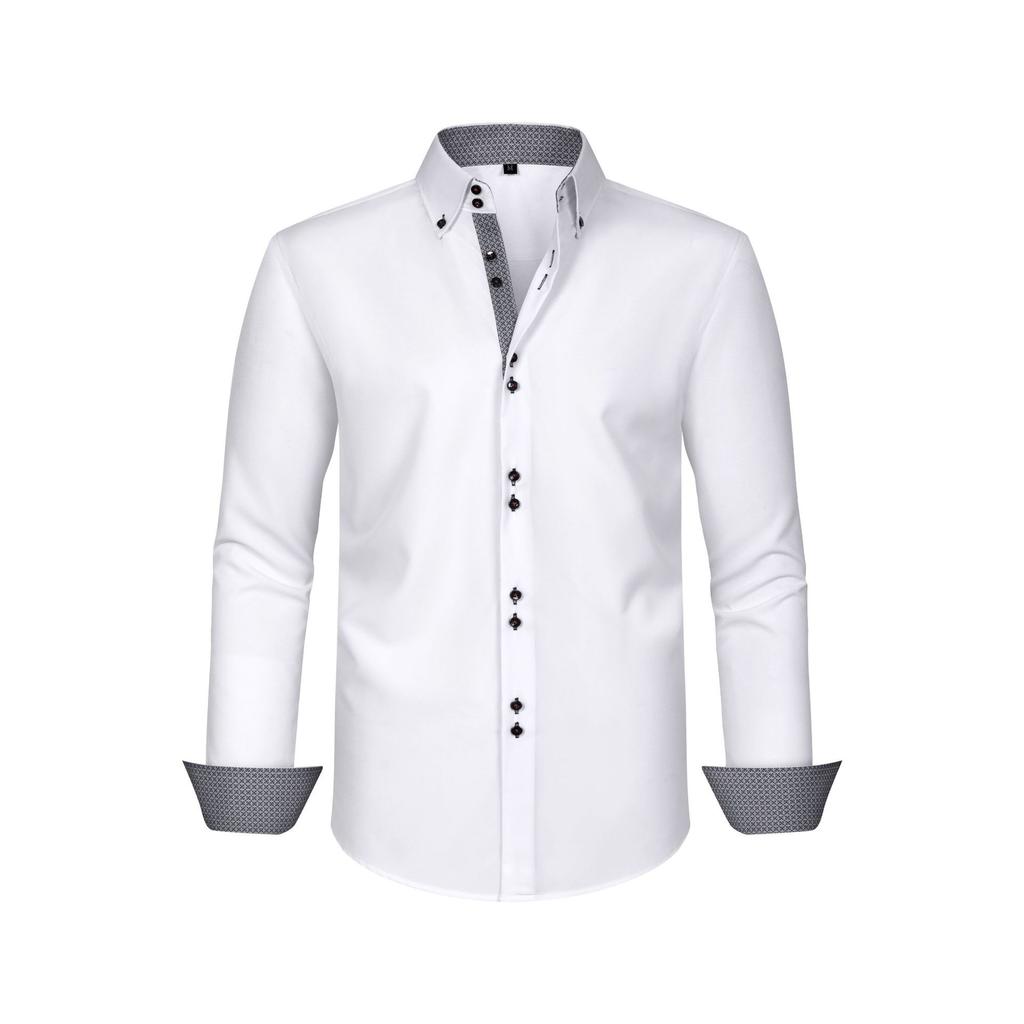 Four-sided Stretch Men's Shirt Polka Dot Color Block Design Double-breasted Color Blocking Shirt