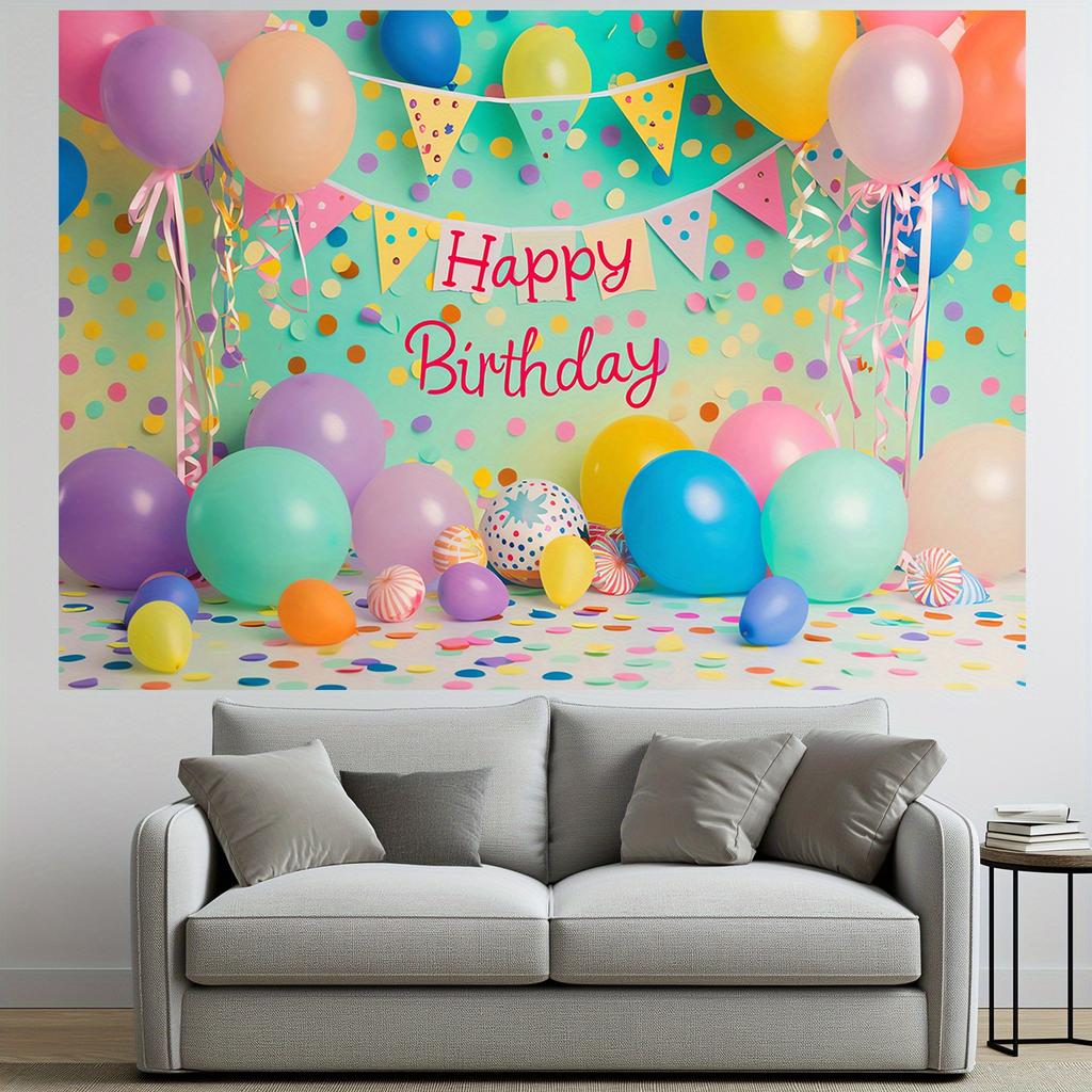 Happy Birthday Photo Booth Background Cloth - Bright Balloon and Cake Patterns, for Ladies' Celebration Parties
