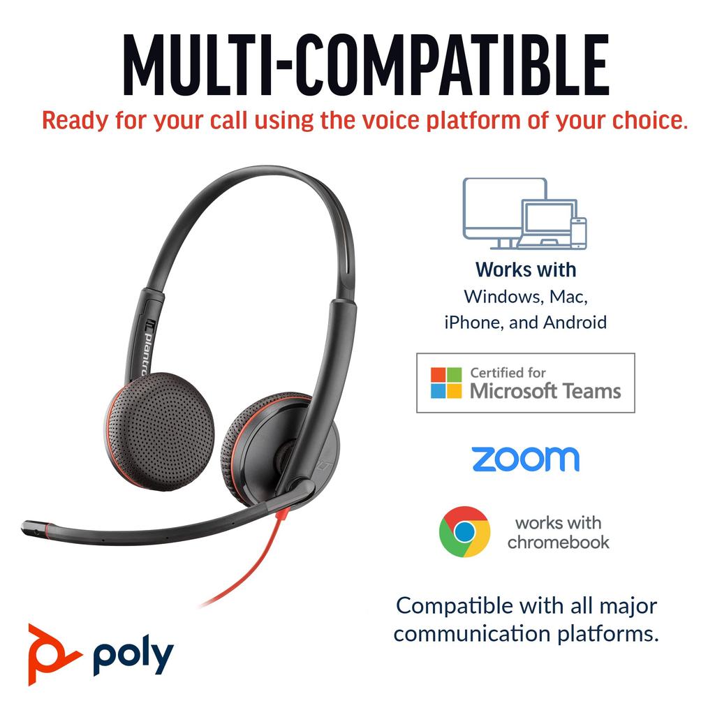 Poly Blackwire 3225 Wired Headset Noise with for Web Conferencing Plantronics Polycom 8G0X1AA (USB-C & 3.5mm Connection, Cancelling, Microphone,