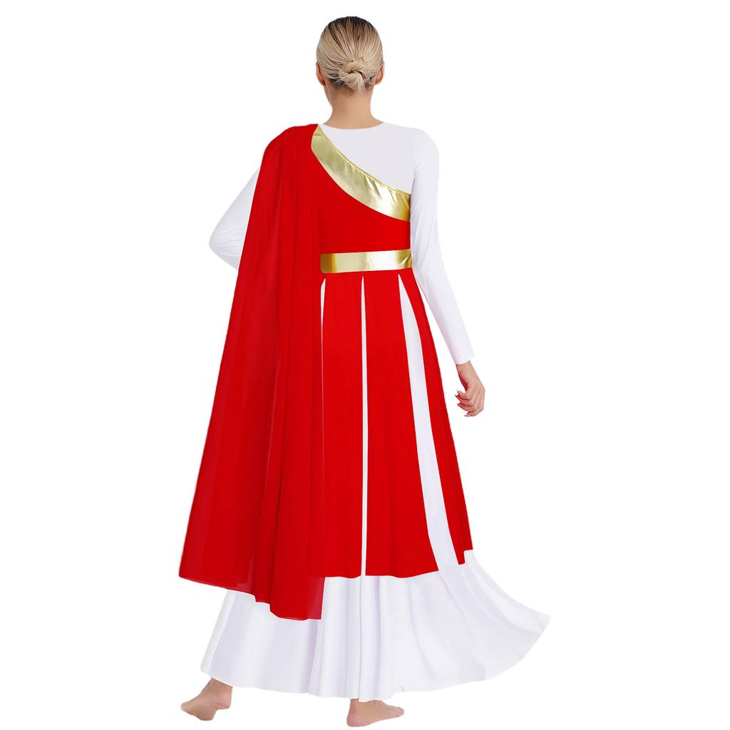 S-XXL Lyrical Worship Dance Dress One Shoulder Sleeveless Metallic Shiny Patchwork Slit Hem Tunic with Drape for Stage
