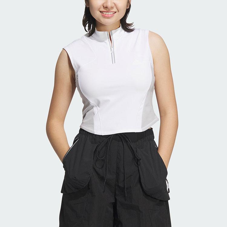 Adidas Sleeveless Zip-Up T-Shirt Striped Quick-Dry Sports Casual Women Tops White JJ1593