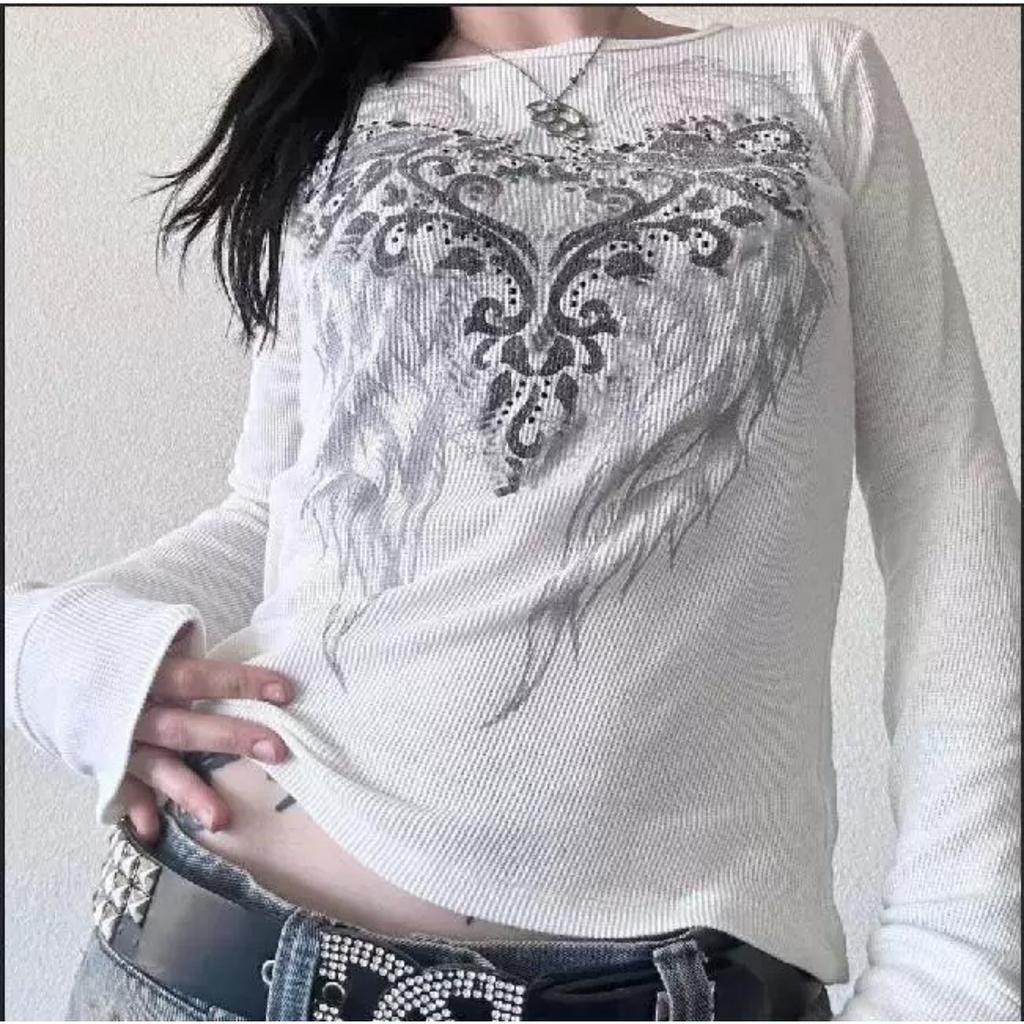 Y2K Grunge Cyber Mall Goth Thermal T-shirt Skulls Graphic Print Long Sleeve Pullovers Tops Women 90s Vintage Aesthetic Tees