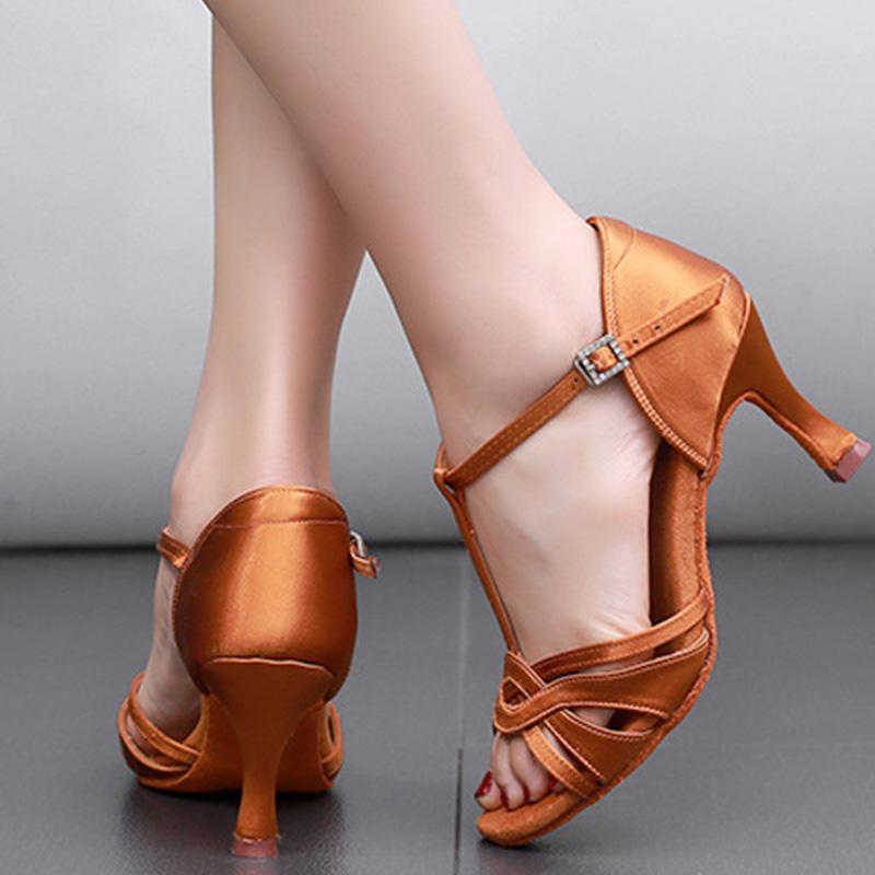 Women Latin Dance Shoes T-straps Silk Satin Modern Ballroom Dancing Shoes Heeled 7CM