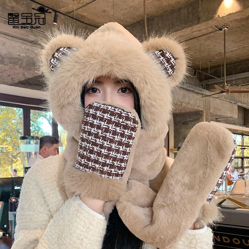 Cute bear hat, scarf and gloves integrated winter outdoor velvet women's thermal ear protection pullover hat