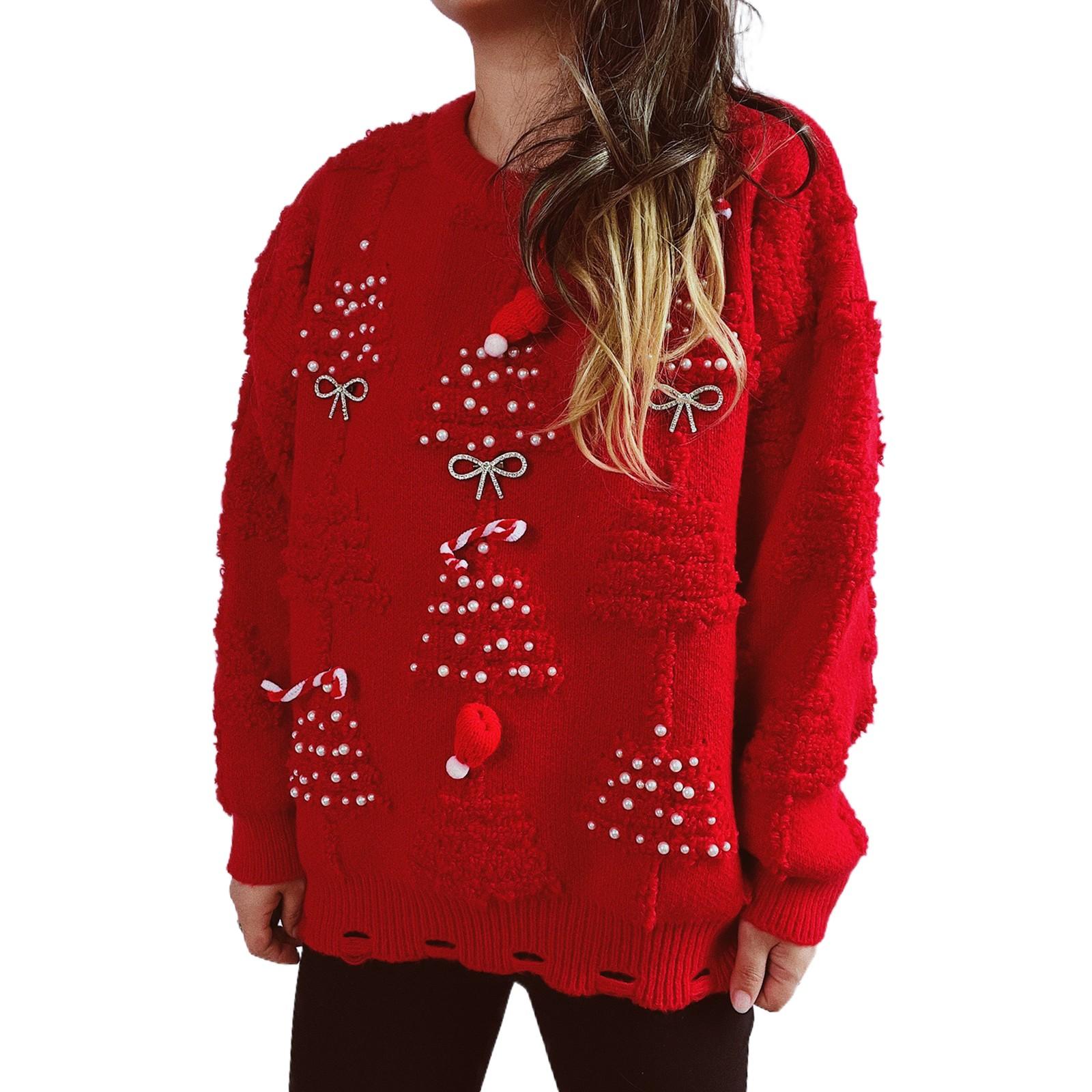 Женская мода осень и зима рождественский свободный круглый вырез пуловер вязаный свитер XL 3555₽