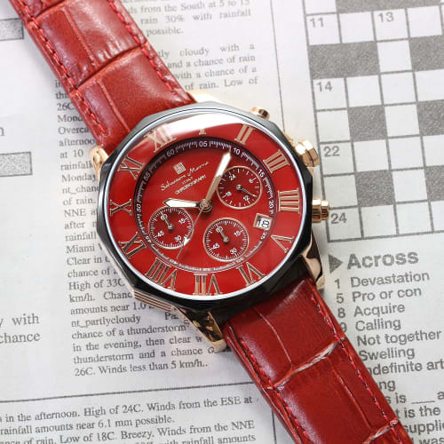 Salvatore Mara Watch Red Chronograph 10 ATM Water Resistant Business Formal Men's Leather Belt