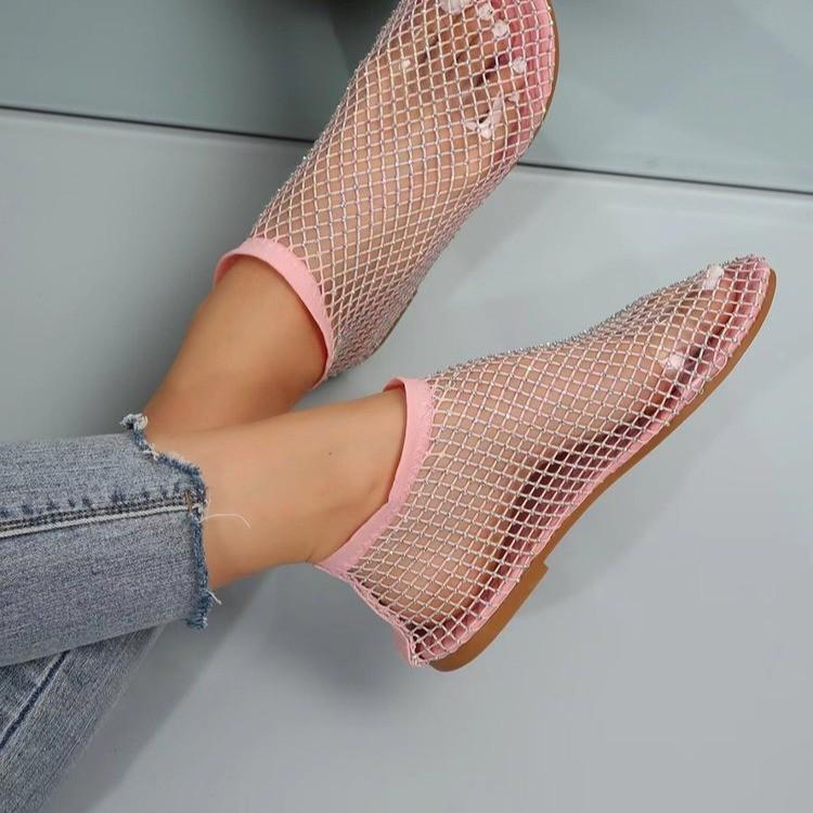 Dámské nové luxusní značky sandály s kulatou špičkou a plochým dnem Duté krátké boty Water Diamond Sexy boty s plochým dnem 35-44