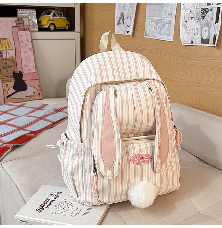 Schoolbag Korean Version Sweet Cartoon Schoolbag Female Junior High School Cute Rabbit Ears Backpack Fashion Striped Class Commuter Backpack