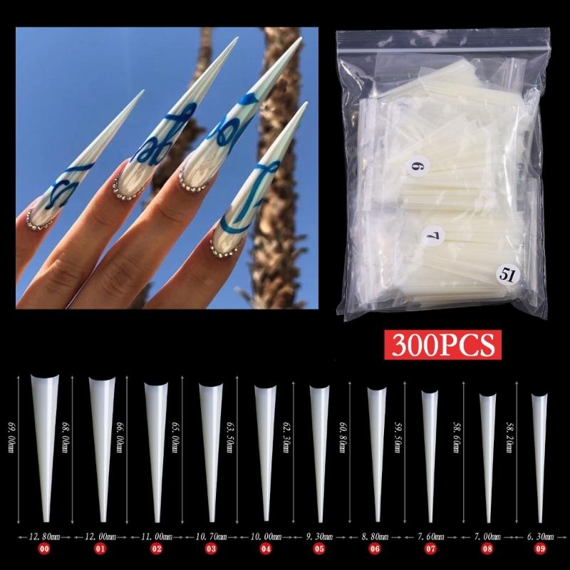 300/500pcs Stiletto Nail Tips Acrylic-Nails Long False Nails Clear/Natural Fake-Nails Half Coverage False Nail Tips