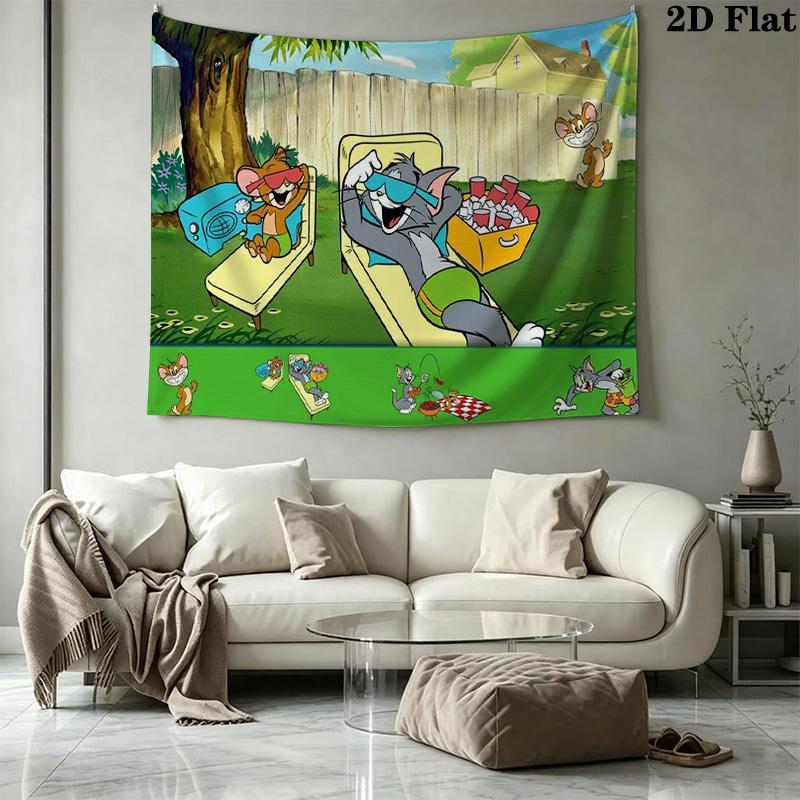 Mouse Cat Cartoon Wall Tapestry Aesthetic Wall Hanging Printed Fabric Blanket Decorative Tapestries for Bedroom Living Room Home Decor