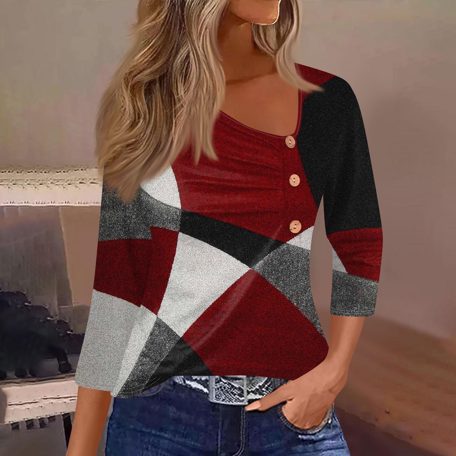 Жен. Футболка Футболка С принтом Пуговицы Рукав 3/4 Повседневные Выходные Мода — фото 11