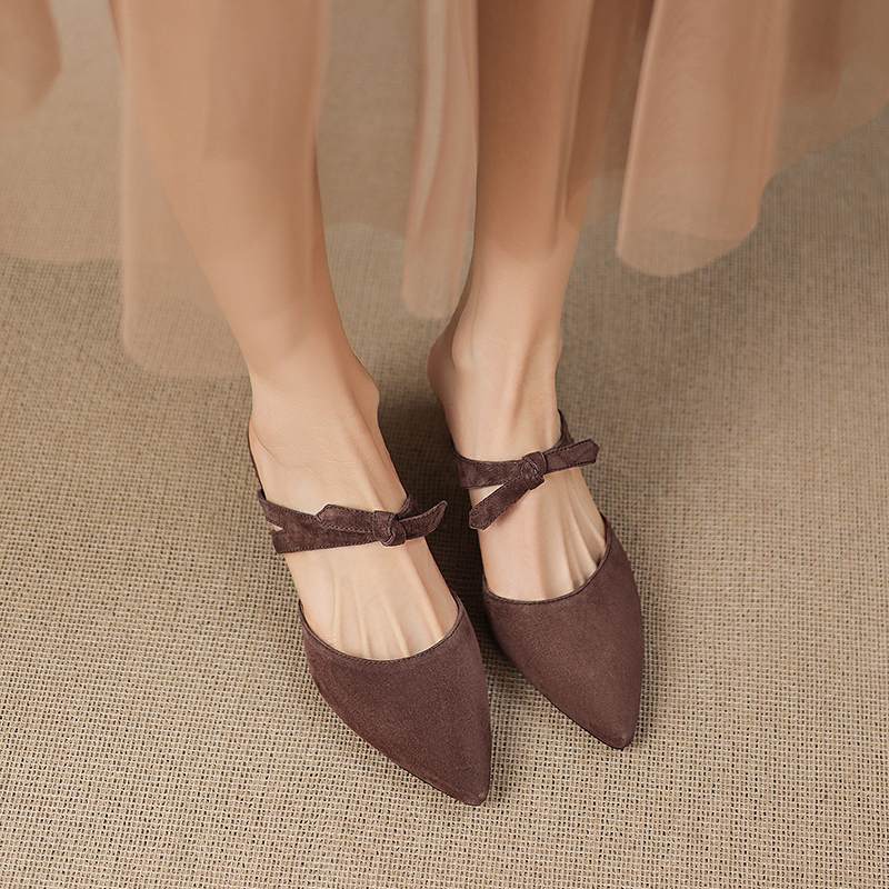 Krazing Pot Suede Butterfly-knot Mules Strange Style Med Heels Summer Size 42 Pointed Toe Slip on Women Shallow Pumps