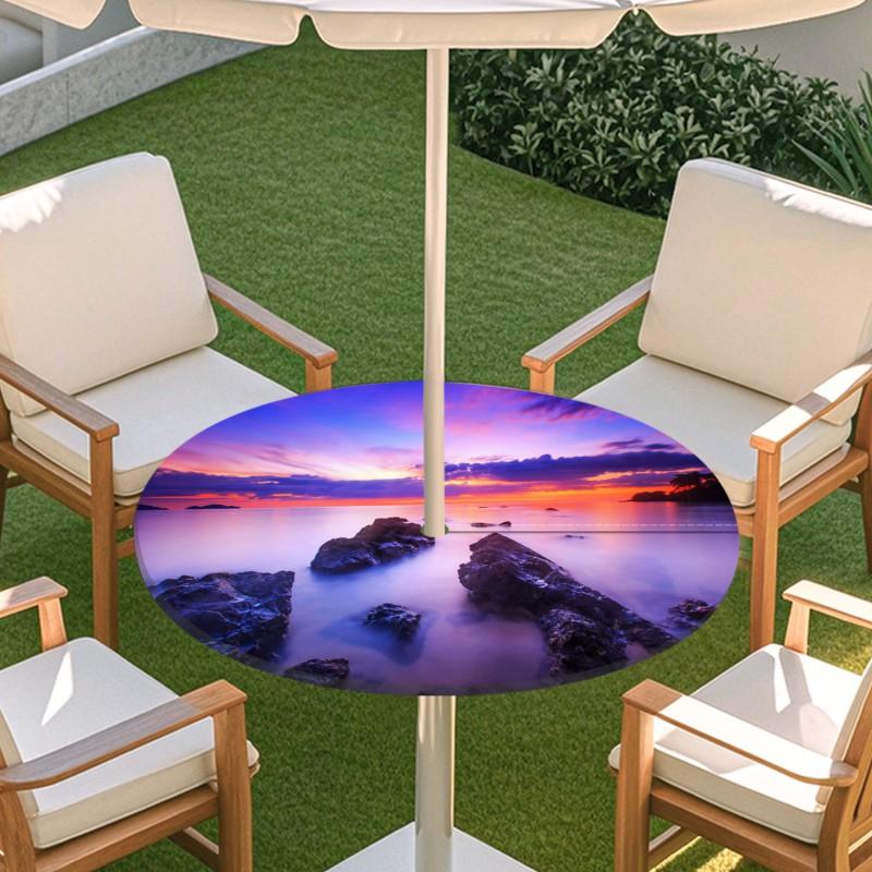 Outdoor Round Table Cover With Nature Print Waterproof Elastic Hem Patio Garden Deck